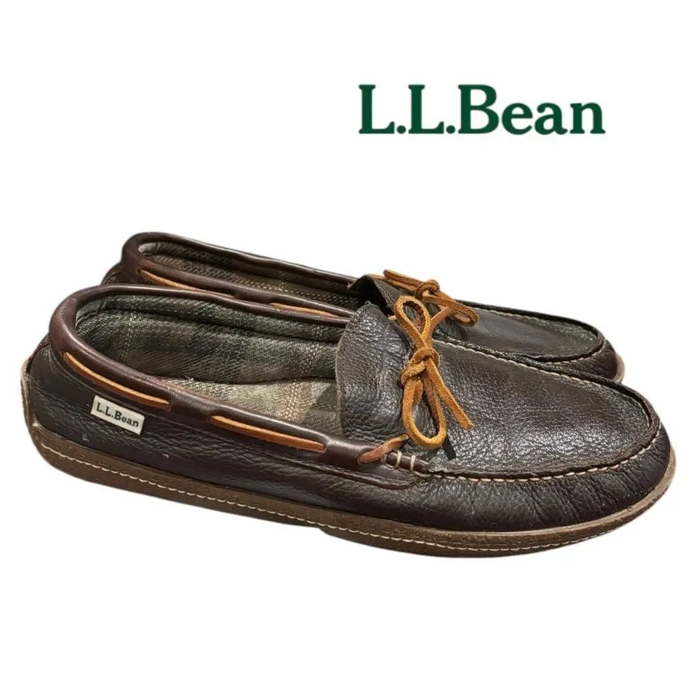L.L. Bean Men's Brown Leather Handsewn Flannel Slipper Moccasins 12